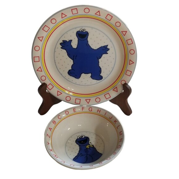Sesame Street Other - Sesame Street Childs Plate Bowl Porcelain Cookie Monster 2 pc set Vintage